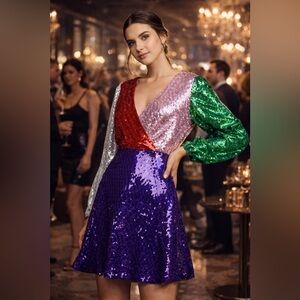 Alice + Olivia Multicolor Sequin Dress Colorblock